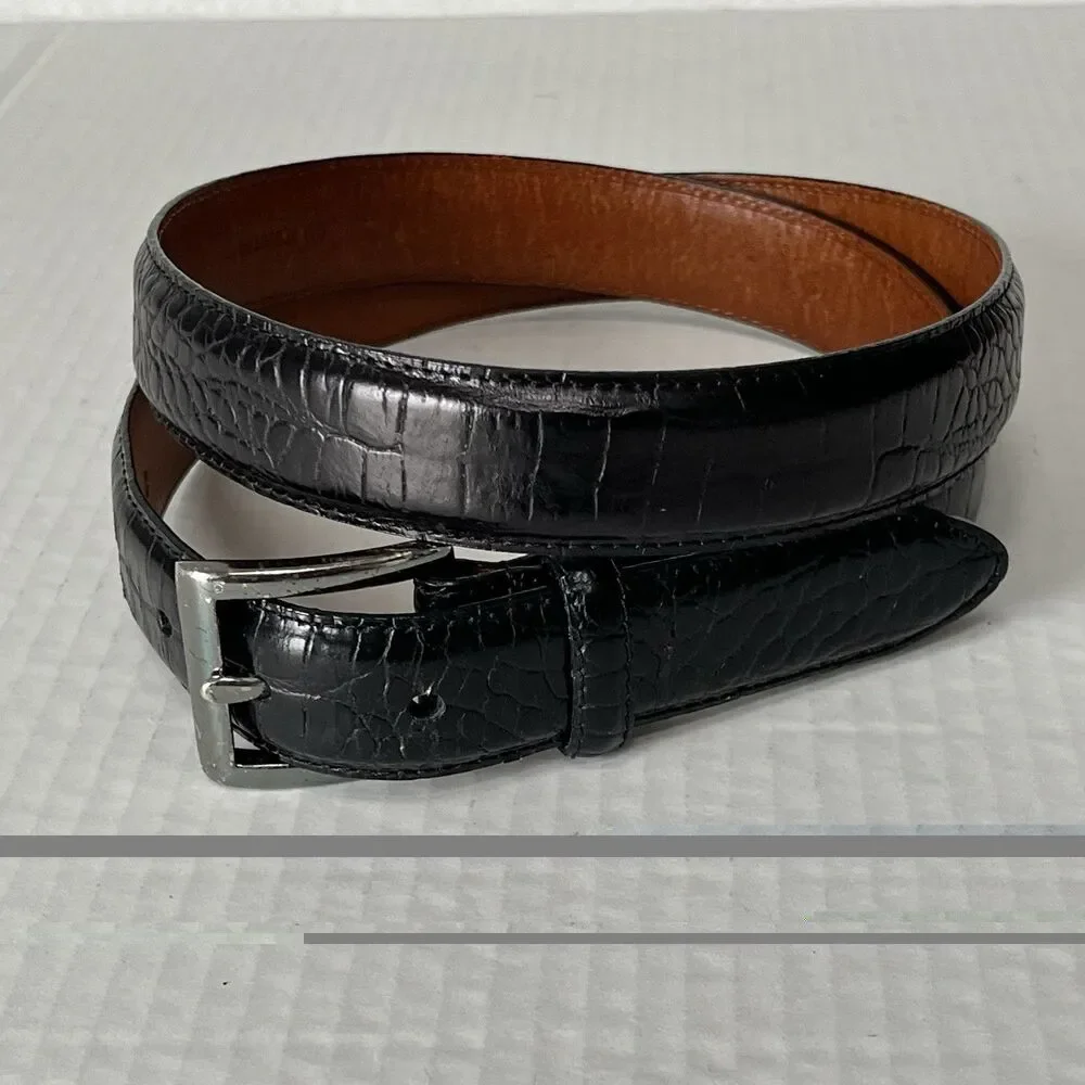 P0L0 RALPH LAUREN FAUX EMBOSSED CROC ALLIGATOR BELT GENUINE LEATHER BLACK 38